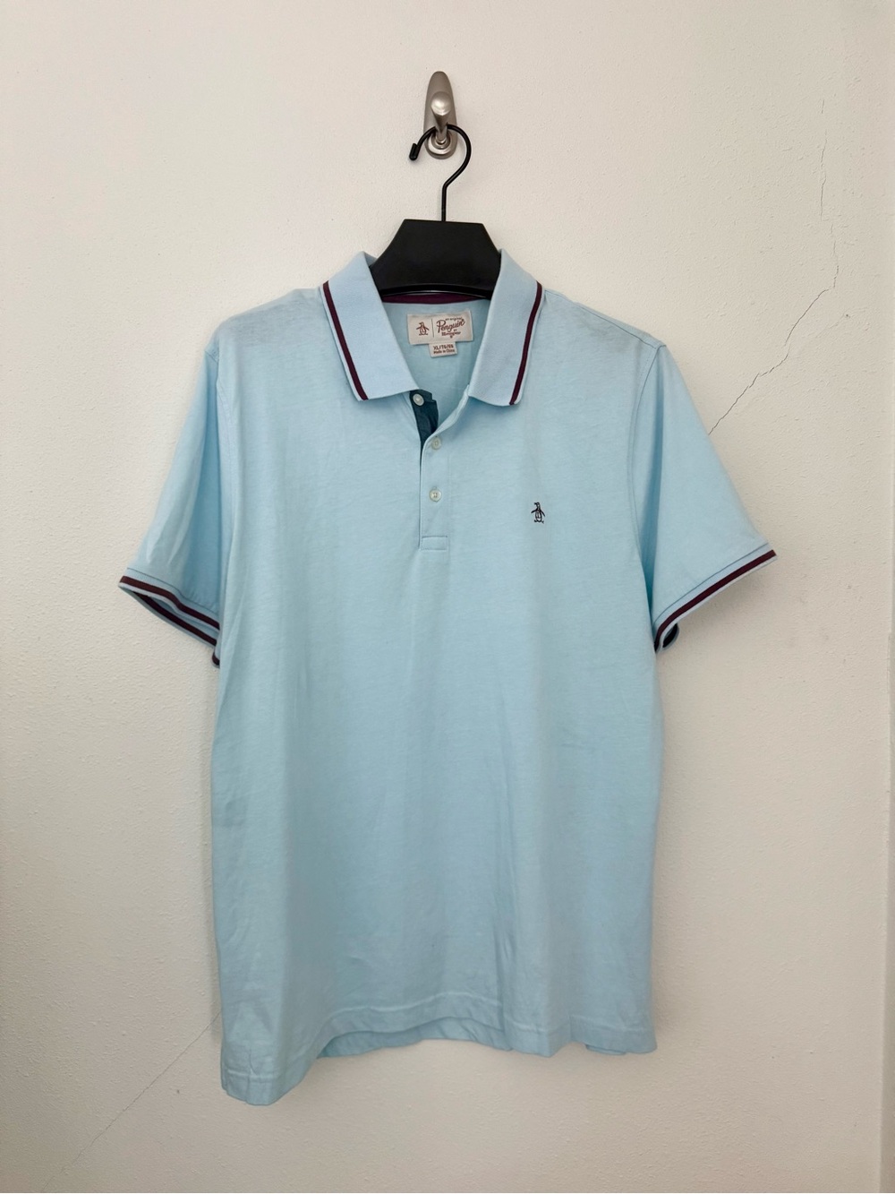 Original Penguin Pale Blue Polo with Burgundy Trim. XL